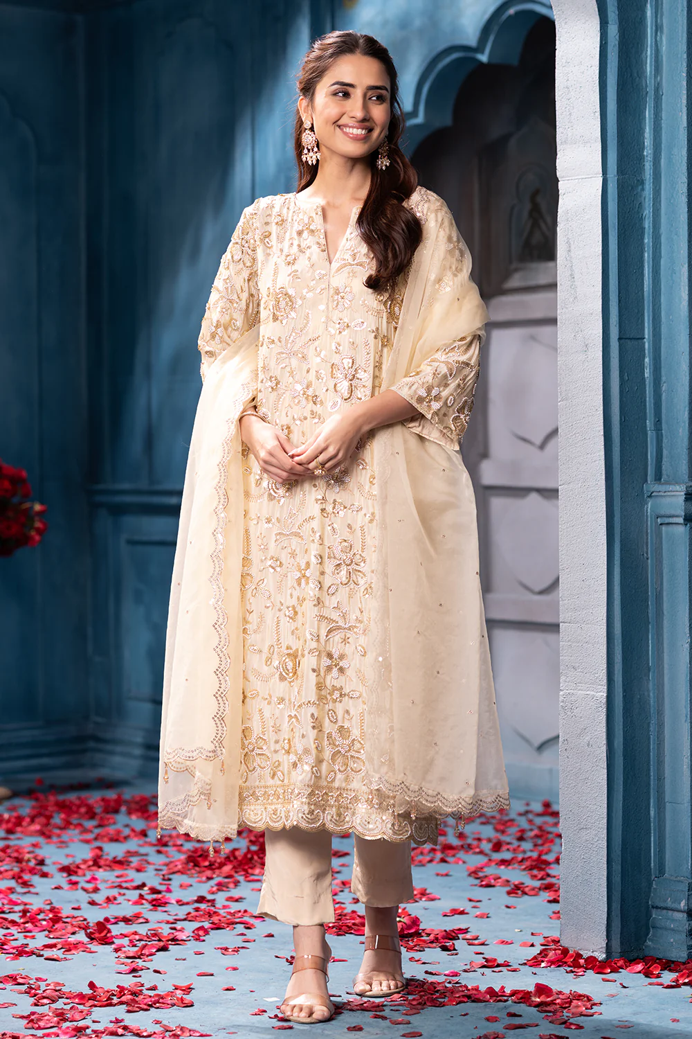 Cream Metallic Tissue Cut-dana And Sequins Embroidered Suits - Image 4