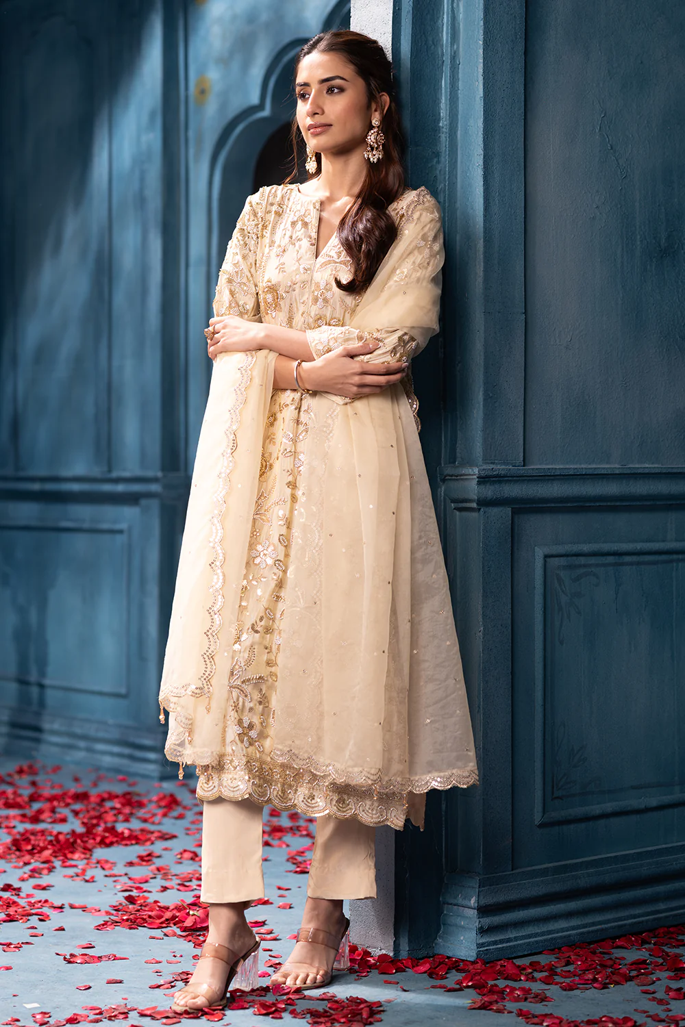 Cream Metallic Tissue Cut-dana And Sequins Embroidered Suits - Image 5
