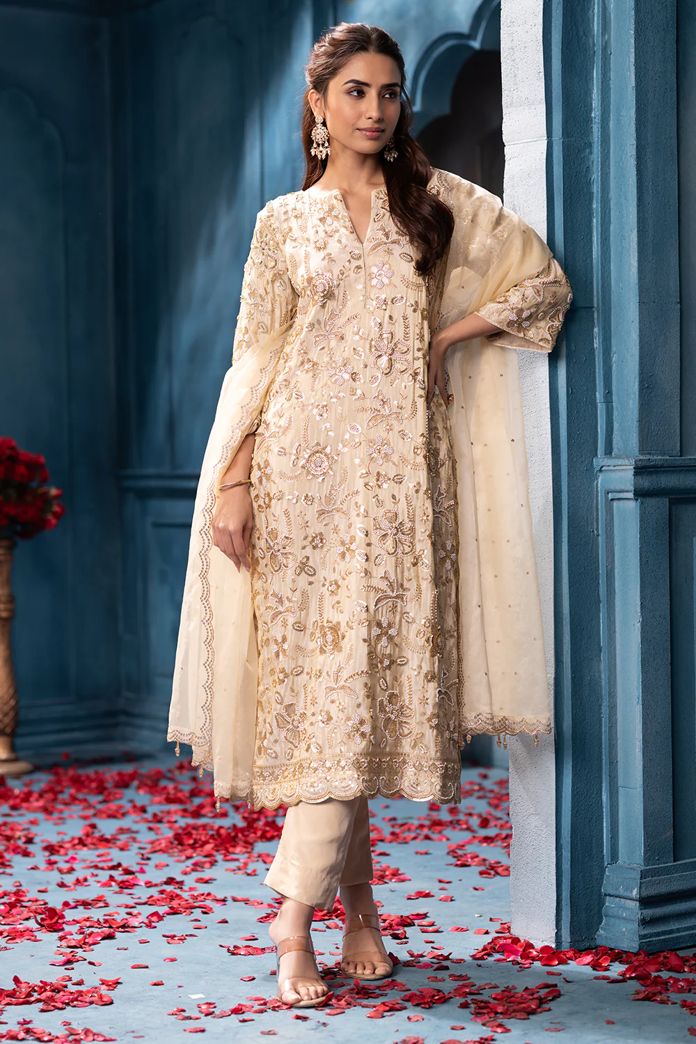 Cream Metallic Tissue Cut-dana And Sequins Embroidered Suits - Image 6