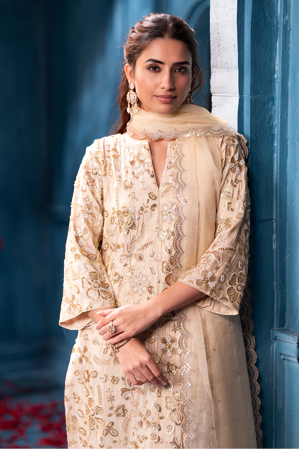 Cream Metallic Tissue Cut-dana And Sequins Embroidered Suits - Image 7