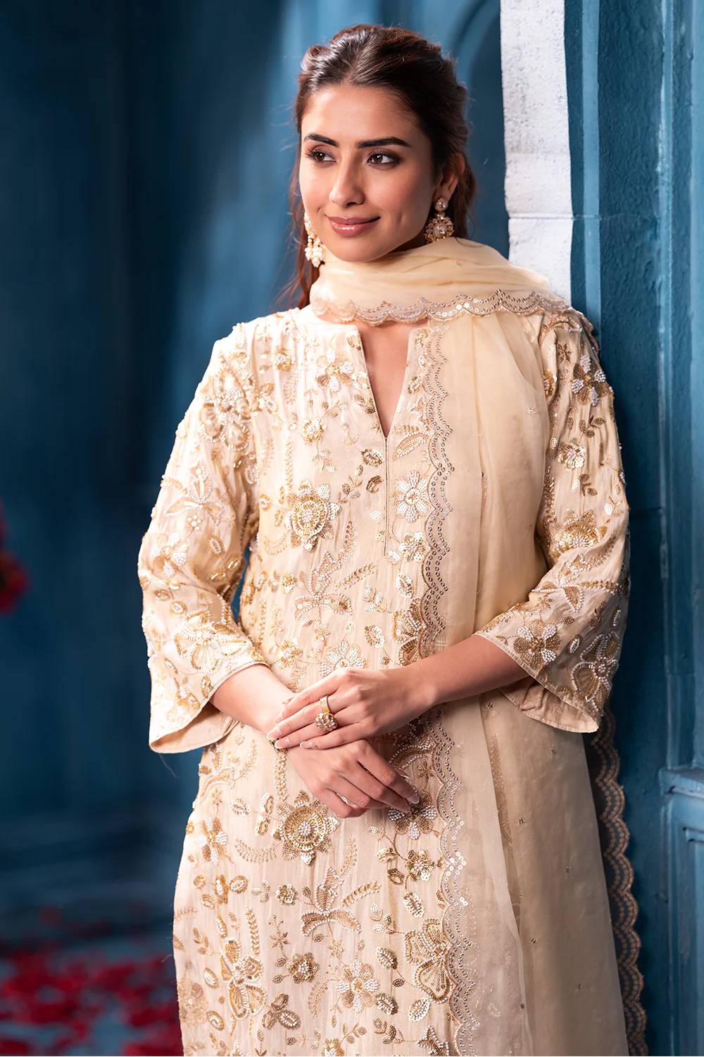 Cream Metallic Tissue Cut-dana And Sequins Embroidered Suits - Image 8