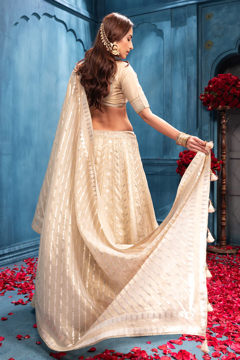 Cream Metallic Tissue Embroidered Lehanga - Image 3
