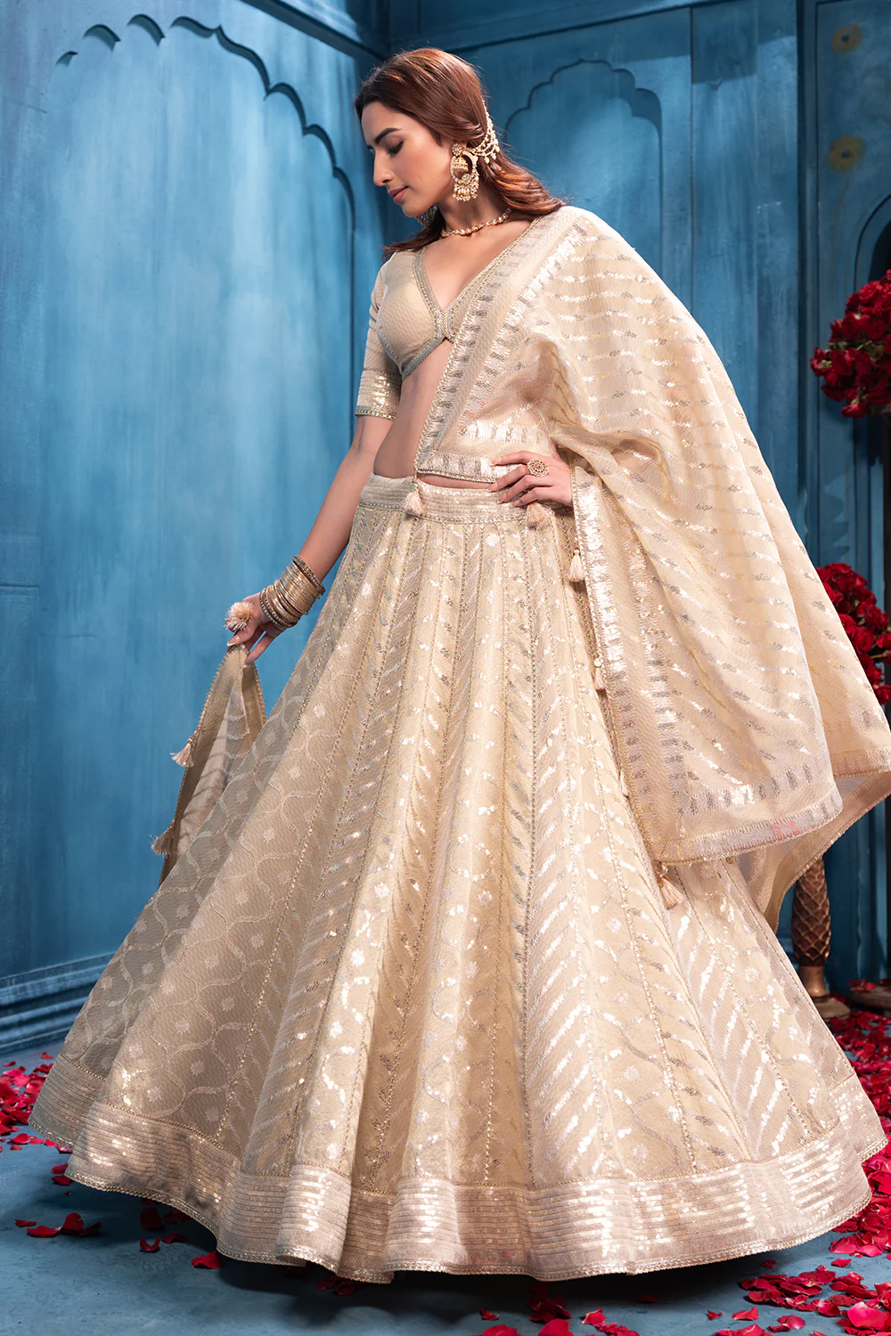 Cream Metallic Tissue Embroidered Lehanga - Image 4