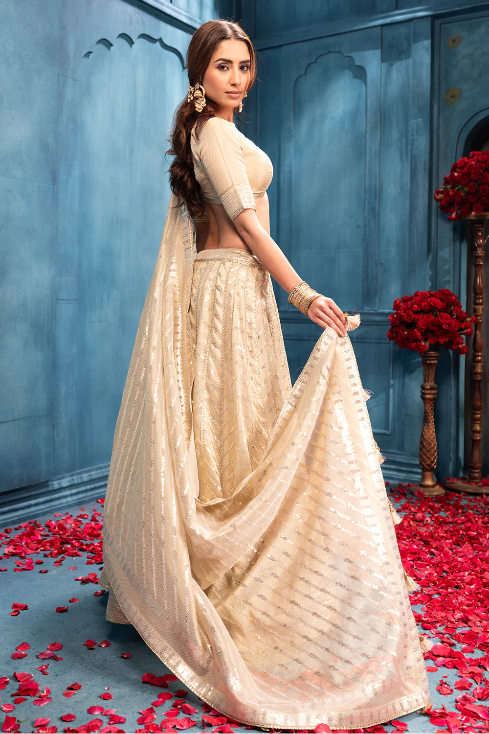 Cream Metallic Tissue Embroidered Lehanga - Image 5