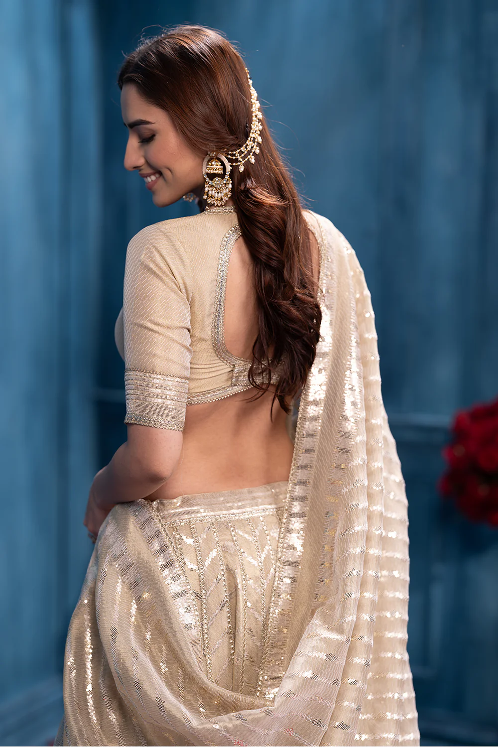 Cream Metallic Tissue Embroidered Lehanga - Image 8