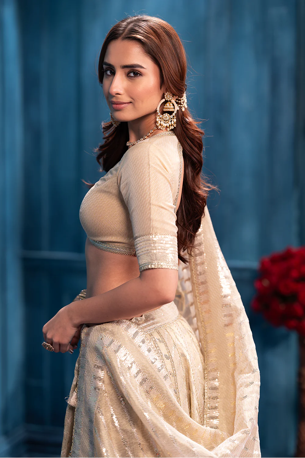 Cream Metallic Tissue Embroidered Lehanga - Image 9