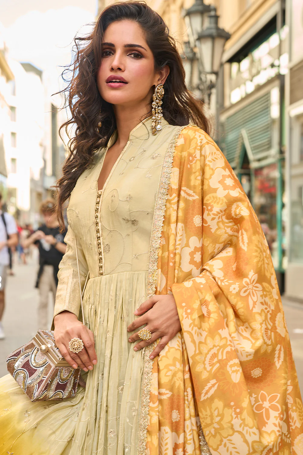 Cream & Mustard Ombre Embroidered Anarkali Suit - Image 3