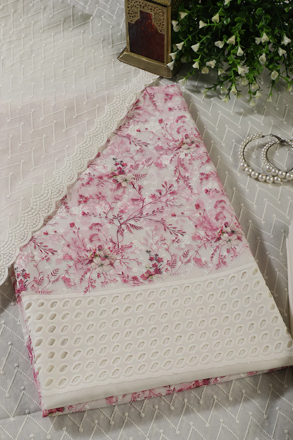 Cream & Pink Cotton Chikankari Work Floral Printed Unstitched Suit - Image 2