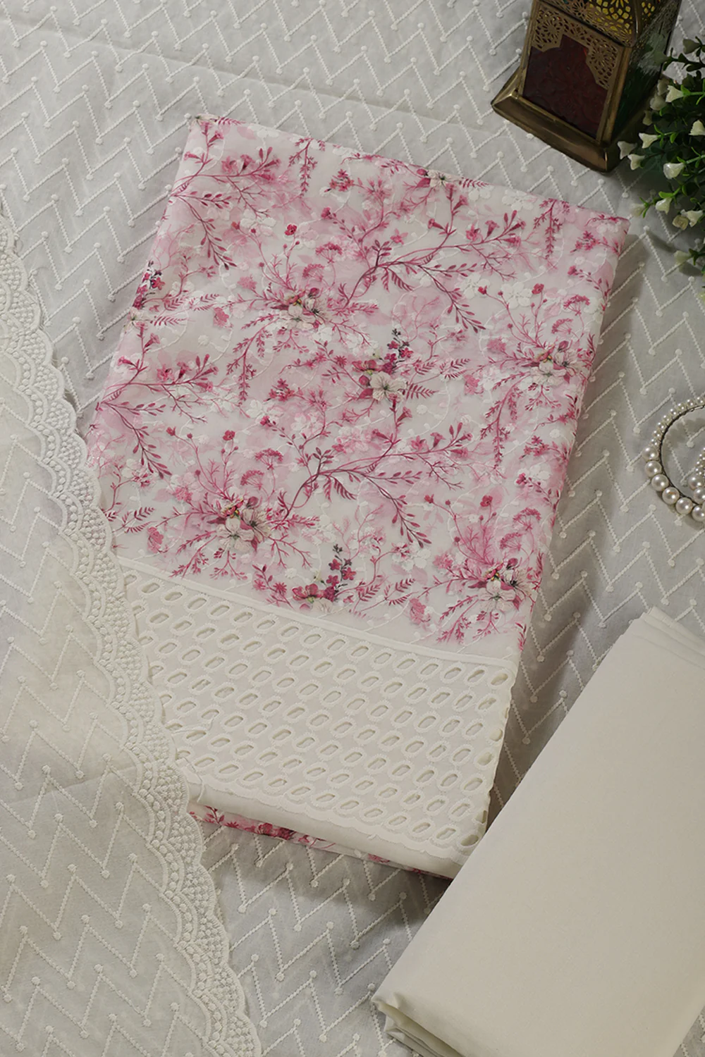 Cream & Pink Cotton Chikankari Work Floral Printed Unstitched Suit - Image 4
