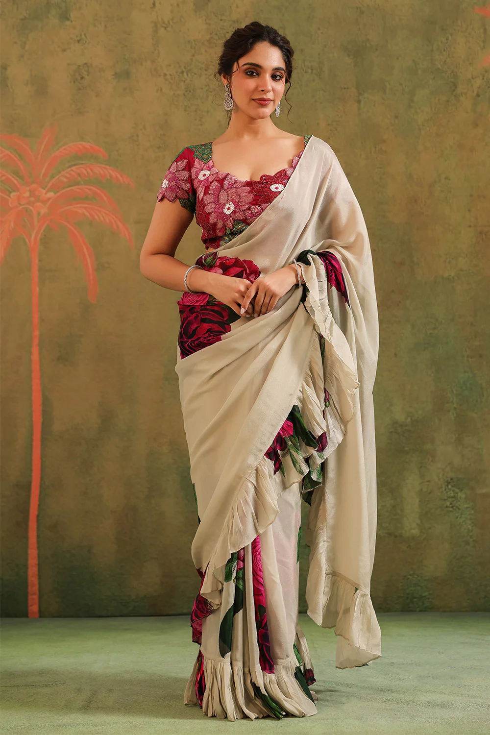Cream Pure Crepe Silk Floral Printed Ruffled Saree With Readymade Cut-Dana Embroidered Blouse - Image 2