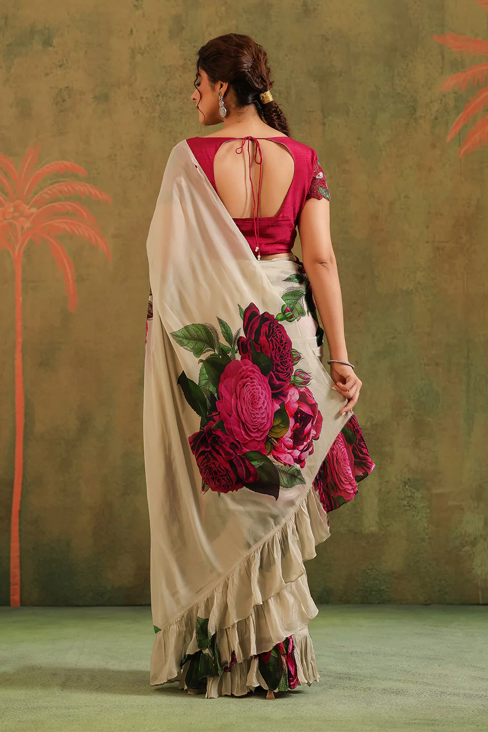 Cream Pure Crepe Silk Floral Printed Ruffled Saree With Readymade Cut-Dana Embroidered Blouse - Image 3