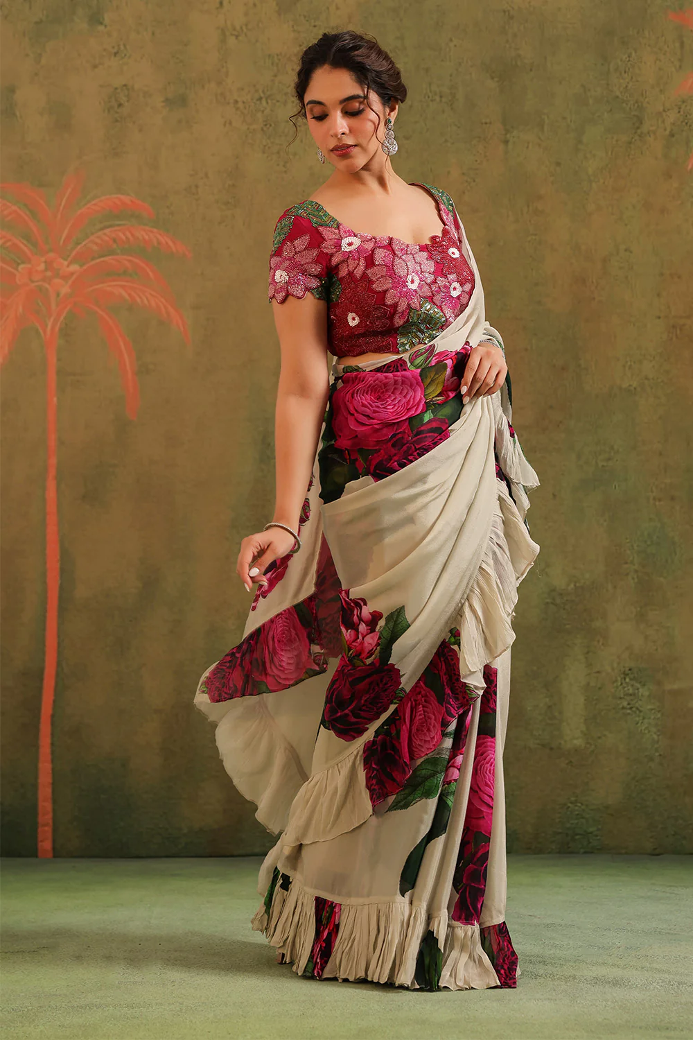 Cream Pure Crepe Silk Floral Printed Ruffled Saree With Readymade Cut-Dana Embroidered Blouse - Image 4