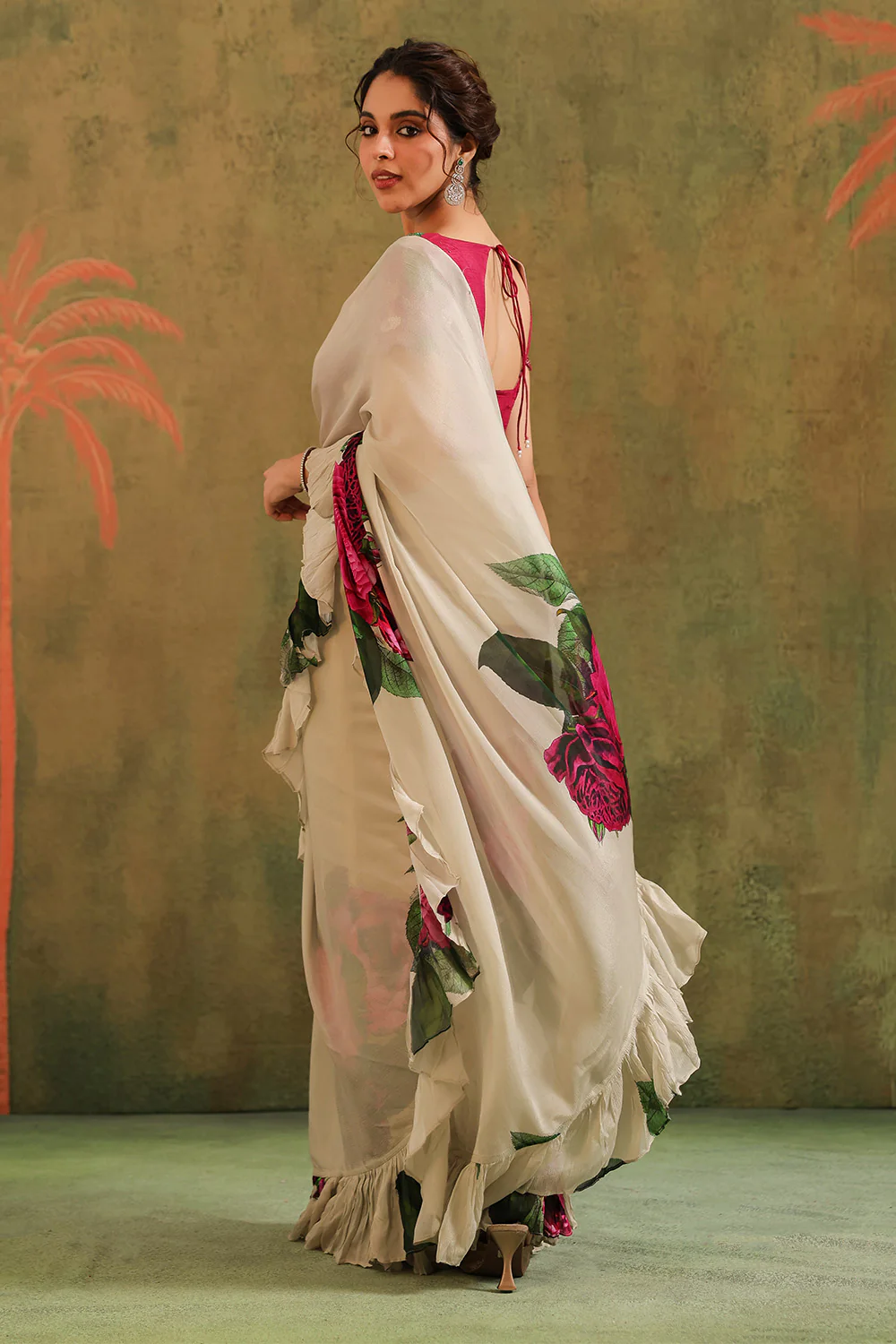 Cream Pure Crepe Silk Floral Printed Ruffled Saree With Readymade Cut-Dana Embroidered Blouse - Image 5