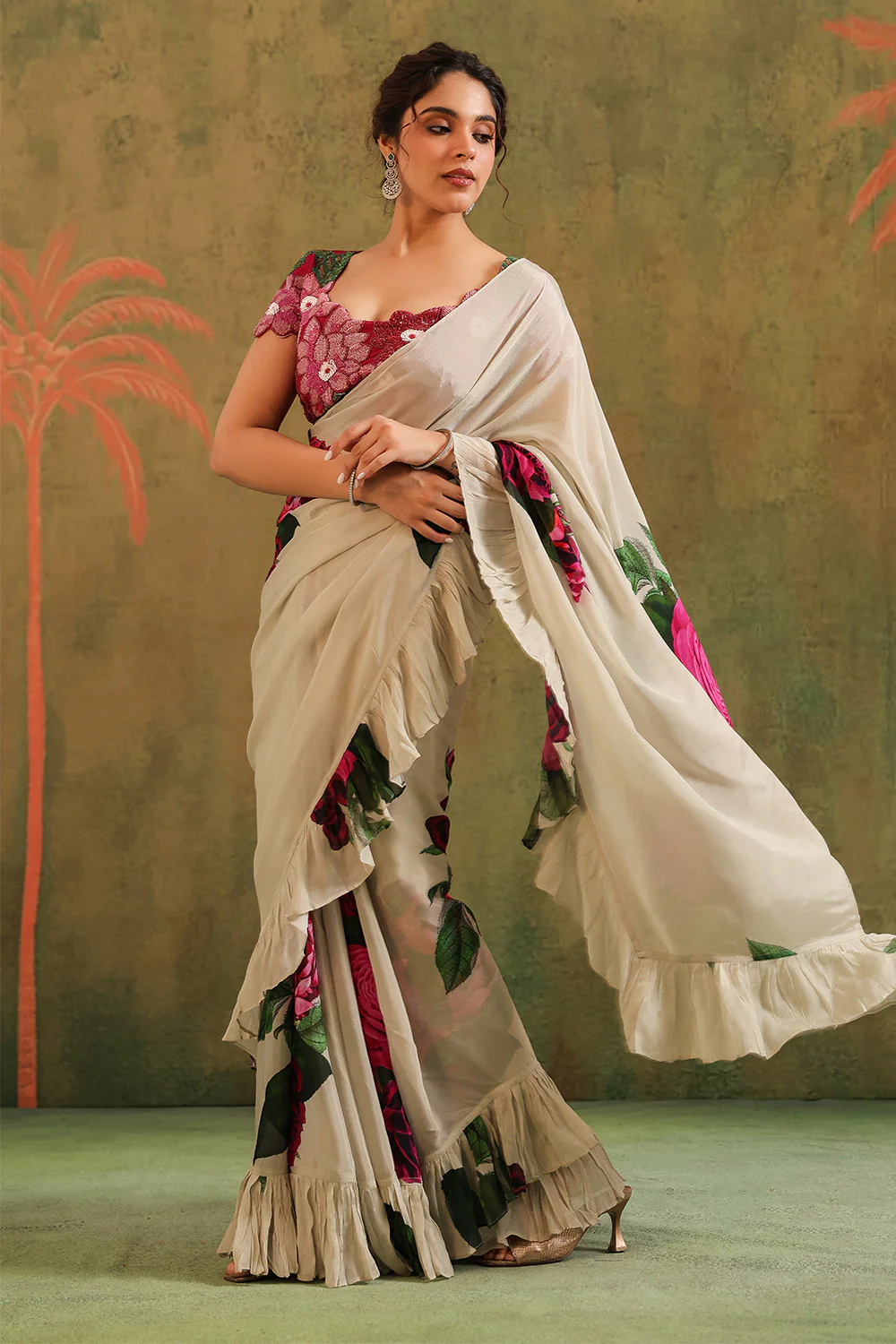 Cream Pure Crepe Silk Floral Printed Ruffled Saree With Readymade Cut-Dana Embroidered Blouse - Image 6