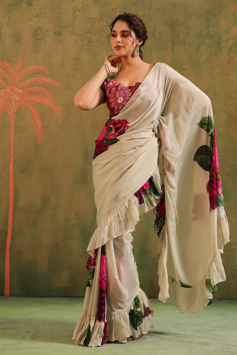Cream Pure Crepe Silk Floral Printed Ruffled Saree With Readymade Cut-Dana Embroidered Blouse - Image 7