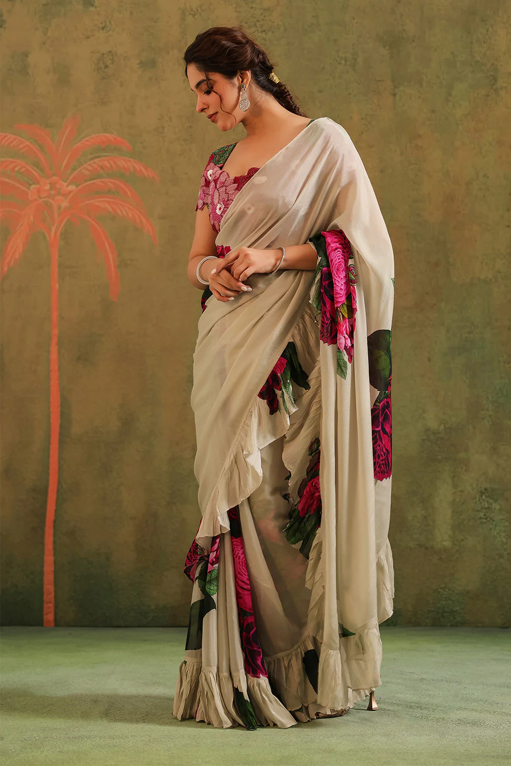 Cream Pure Crepe Silk Floral Printed Ruffled Saree With Readymade Cut-Dana Embroidered Blouse - Image 8