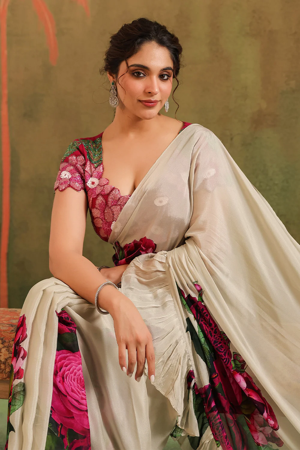Cream Pure Crepe Silk Floral Printed Ruffled Saree With Readymade Cut-Dana Embroidered Blouse - Image 9