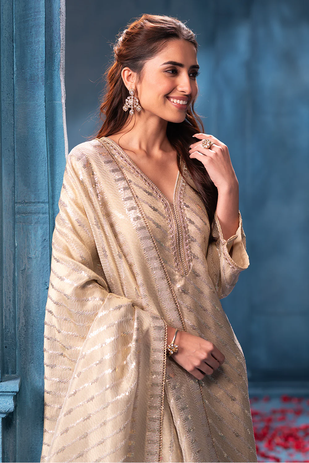 Cream Pure Metallic Tissue Sequins Embroidered Suit - Image 3
