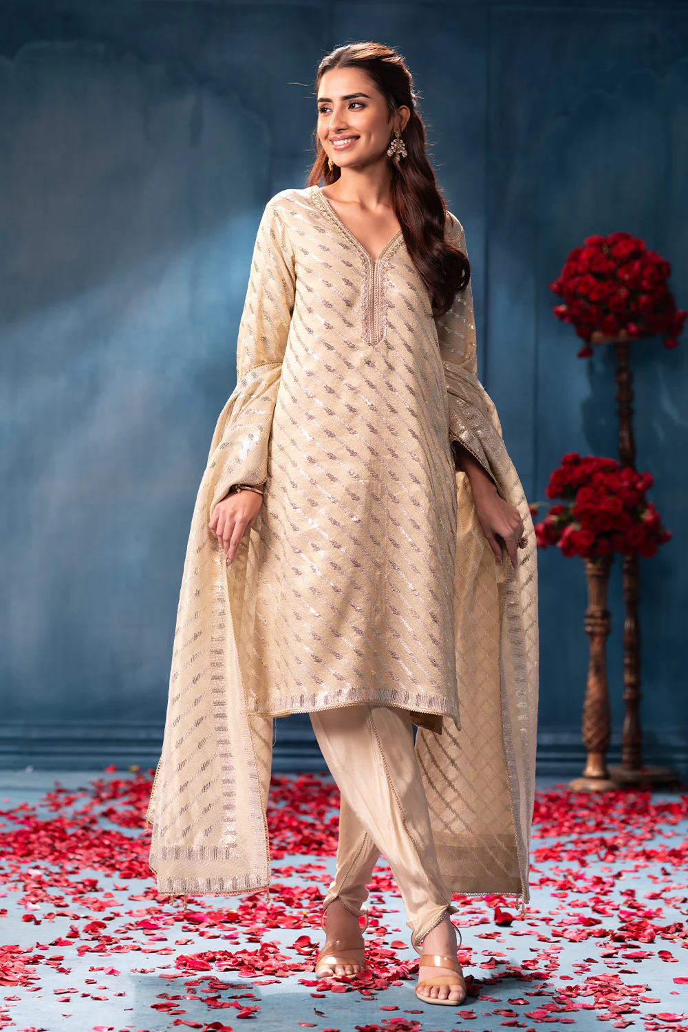 Cream Pure Metallic Tissue Sequins Embroidered Suit - Image 4