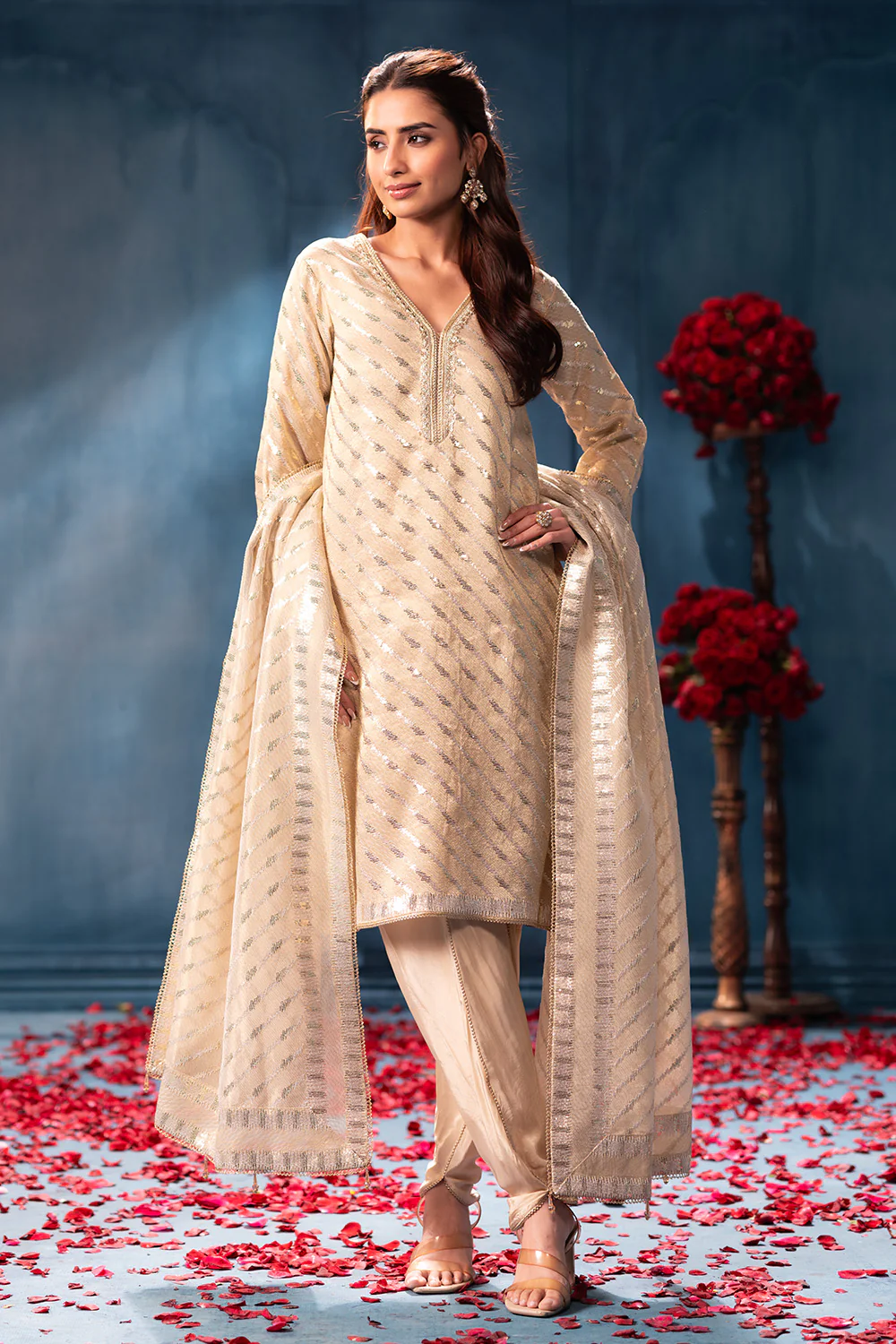 Cream Pure Metallic Tissue Sequins Embroidered Suit - Image 5