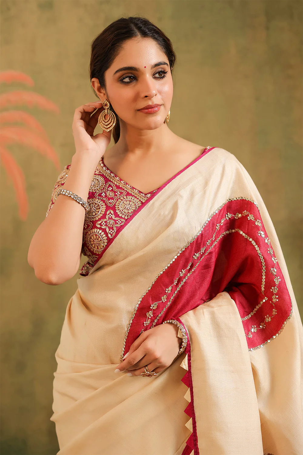 Cream Pure Tussar Zari And Gota-Patti Embroidered Saree - Image 10