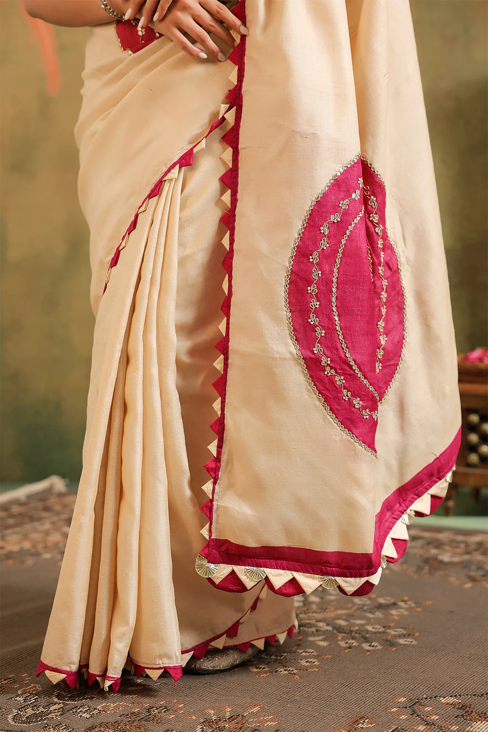 Cream Pure Tussar Zari And Gota-Patti Embroidered Saree - Image 11