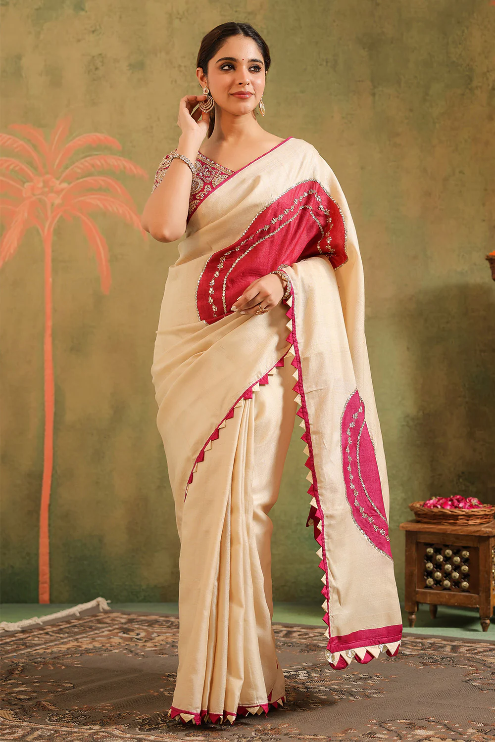 Cream Pure Tussar Zari And Gota-Patti Embroidered Saree - Image 4