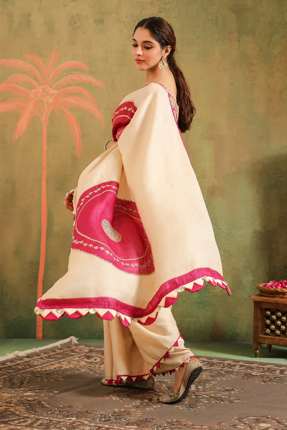 Cream Pure Tussar Zari And Gota-Patti Embroidered Saree - Image 5