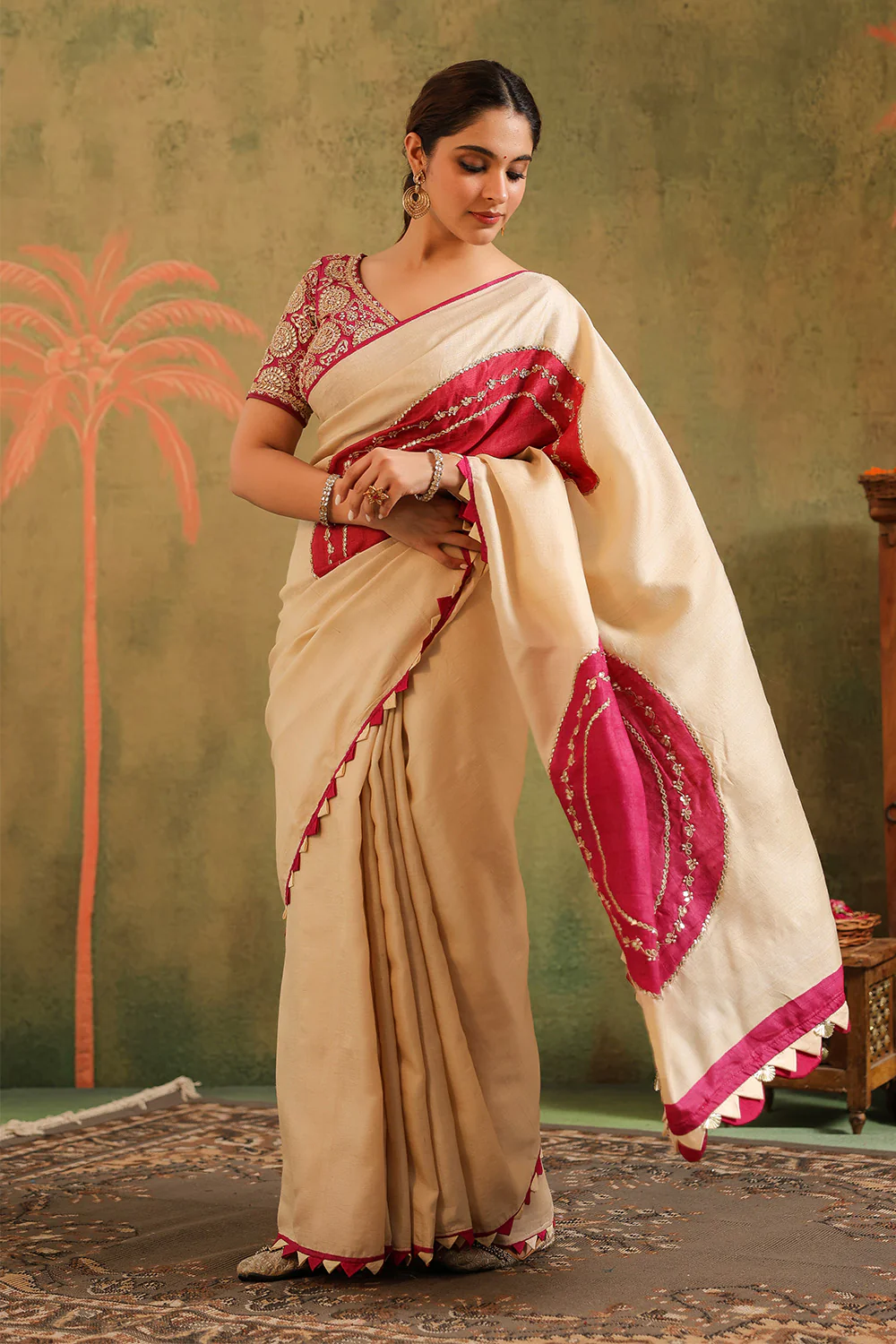 Cream Pure Tussar Zari And Gota-Patti Embroidered Saree - Image 6