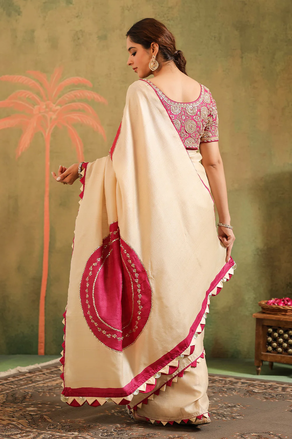 Cream Pure Tussar Zari And Gota-Patti Embroidered Saree - Image 7
