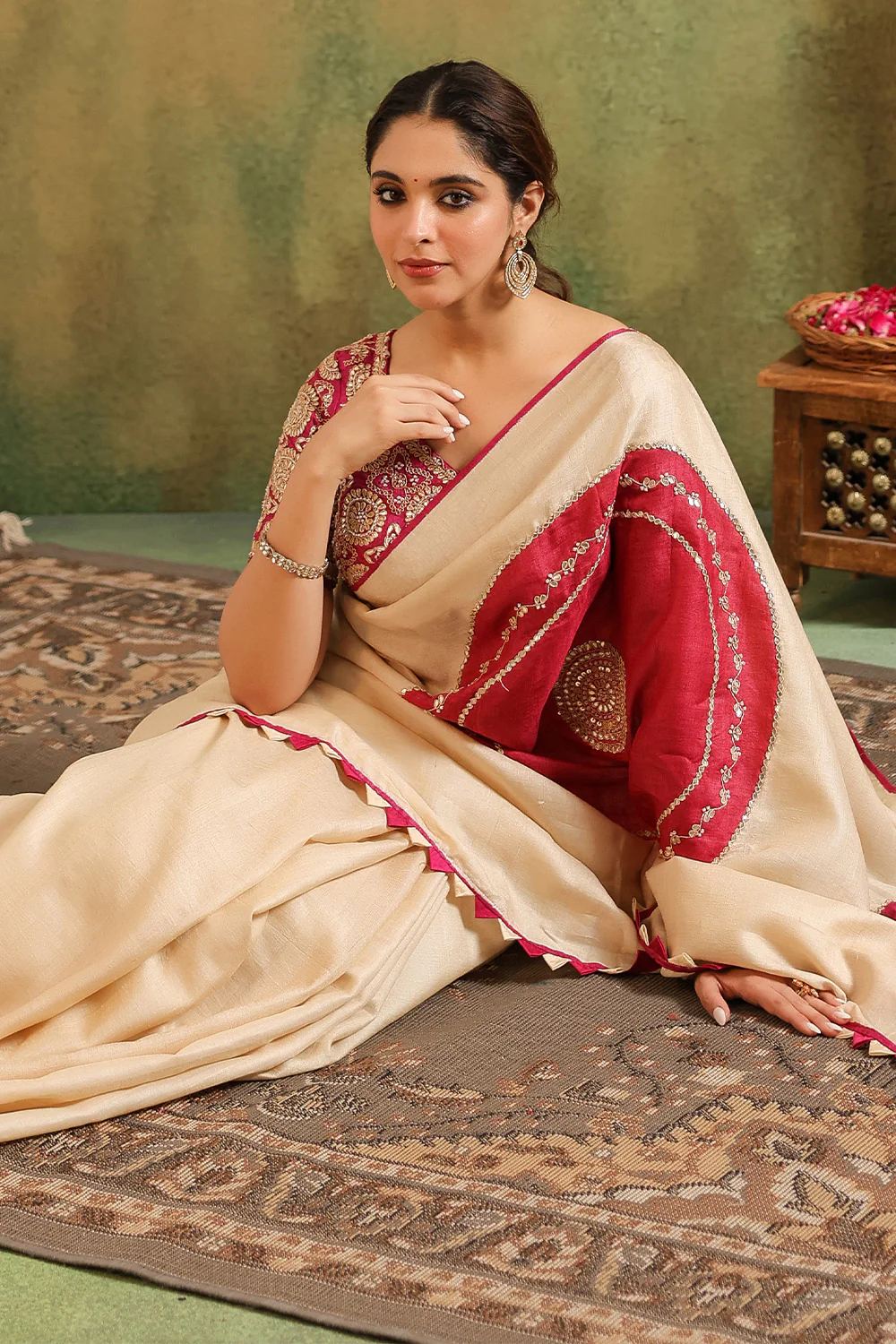 Cream Pure Tussar Zari And Gota-Patti Embroidered Saree - Image 8