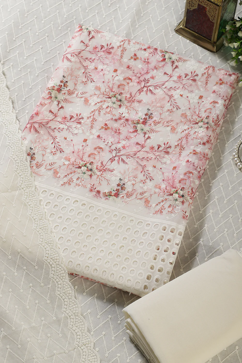 Cream & Red Cotton Chikankari Work Floral Printed Unstitched Suit - Image 2