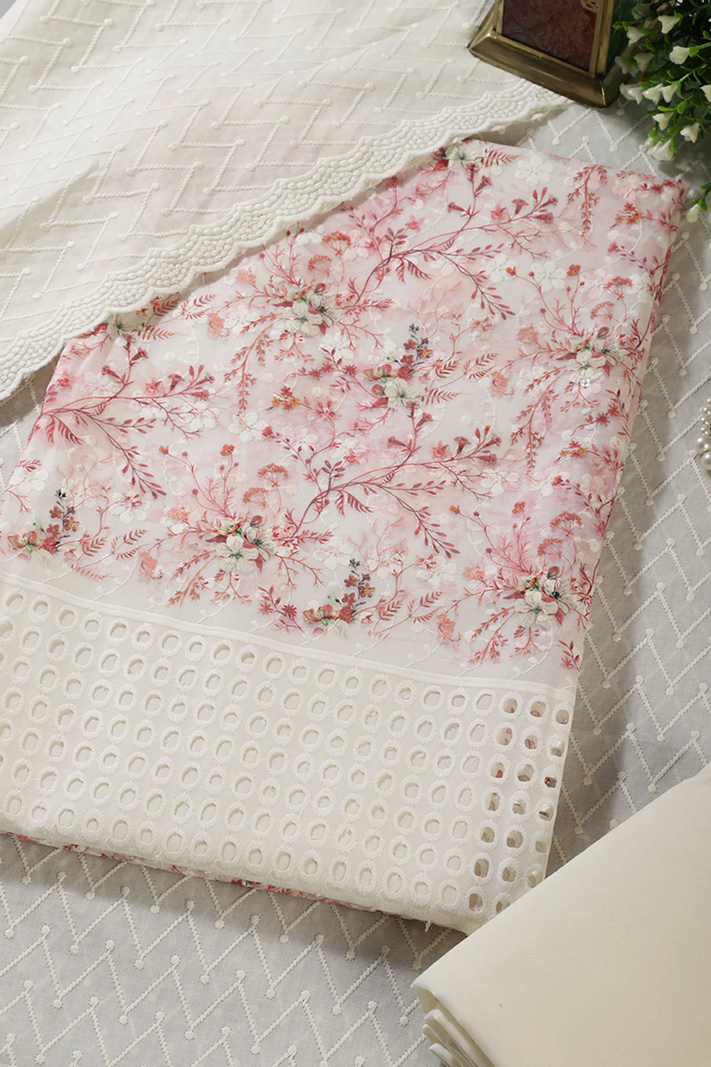 Cream & Red Cotton Chikankari Work Floral Printed Unstitched Suit - Image 3