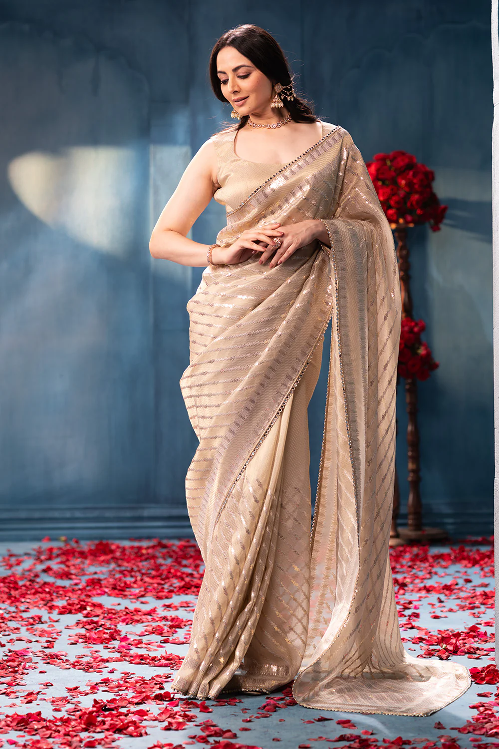Cream Sequins and Resham Embroidered Metallic Tissue Saree - Image 2