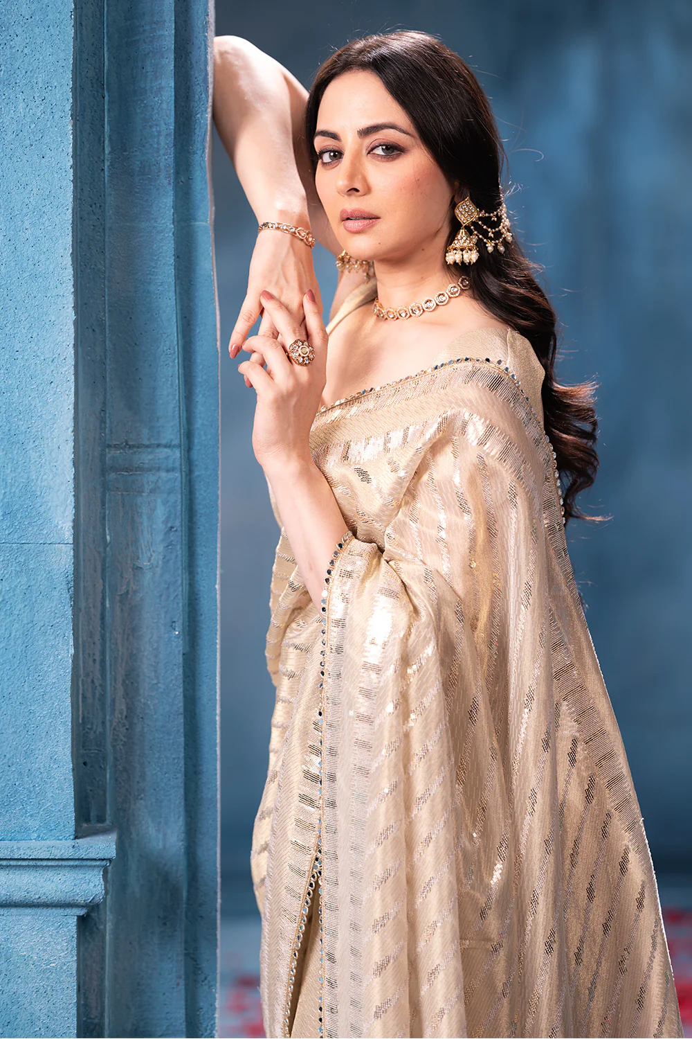 Cream Sequins and Resham Embroidered Metallic Tissue Saree - Image 3