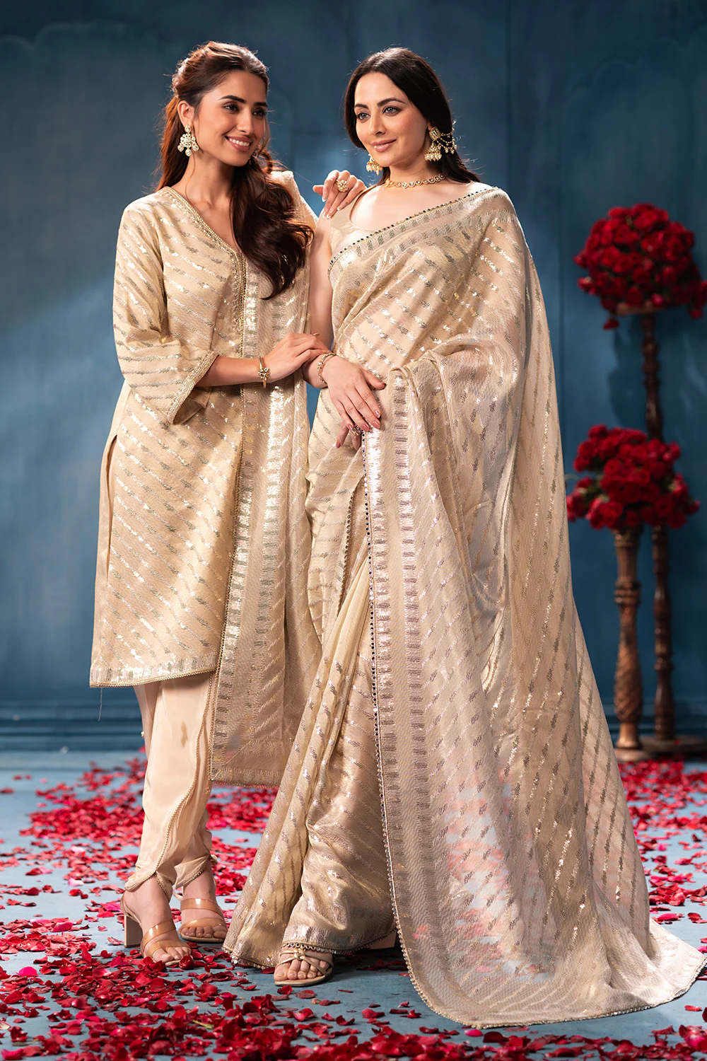Cream Sequins and Resham Embroidered Metallic Tissue Saree - Image 7