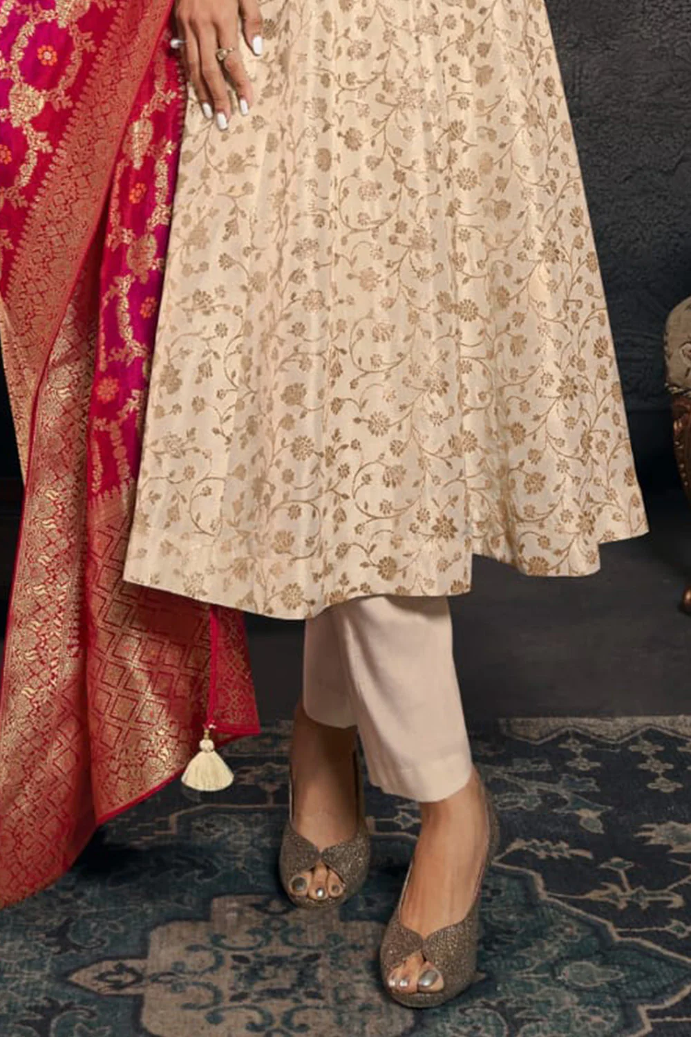 Cream Silk Neck Embroidered And Zari Woven Anarkali Suit With Woven Dupatta Set - Image 3