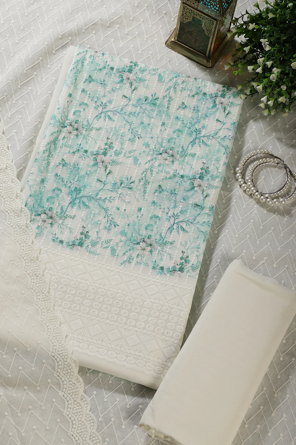 Cream & Teal Cotton Chikankari Work Floral Printed Unstitched Suit - Image 2