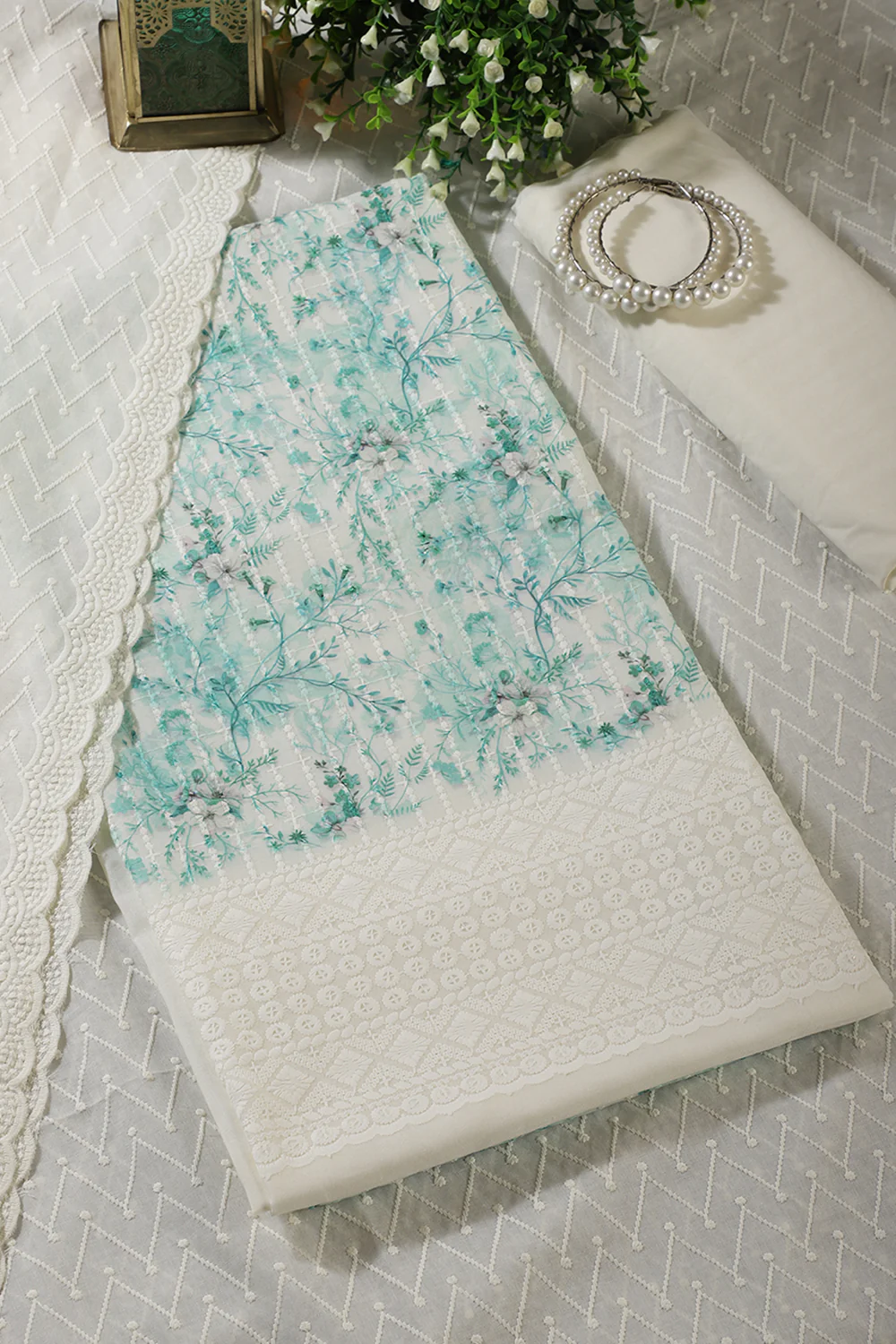 Cream & Teal Cotton Chikankari Work Floral Printed Unstitched Suit - Image 4