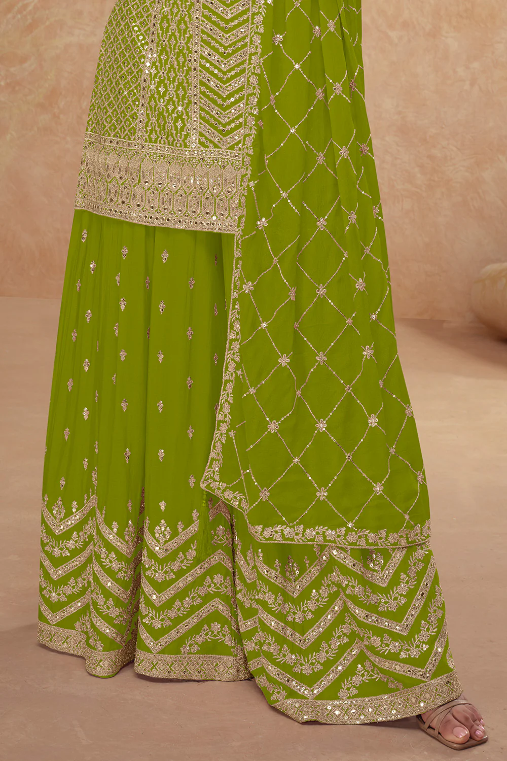 Crepe Silk Zari & Sequins Embroidered Suit With Embroidered Sharara - Image 3