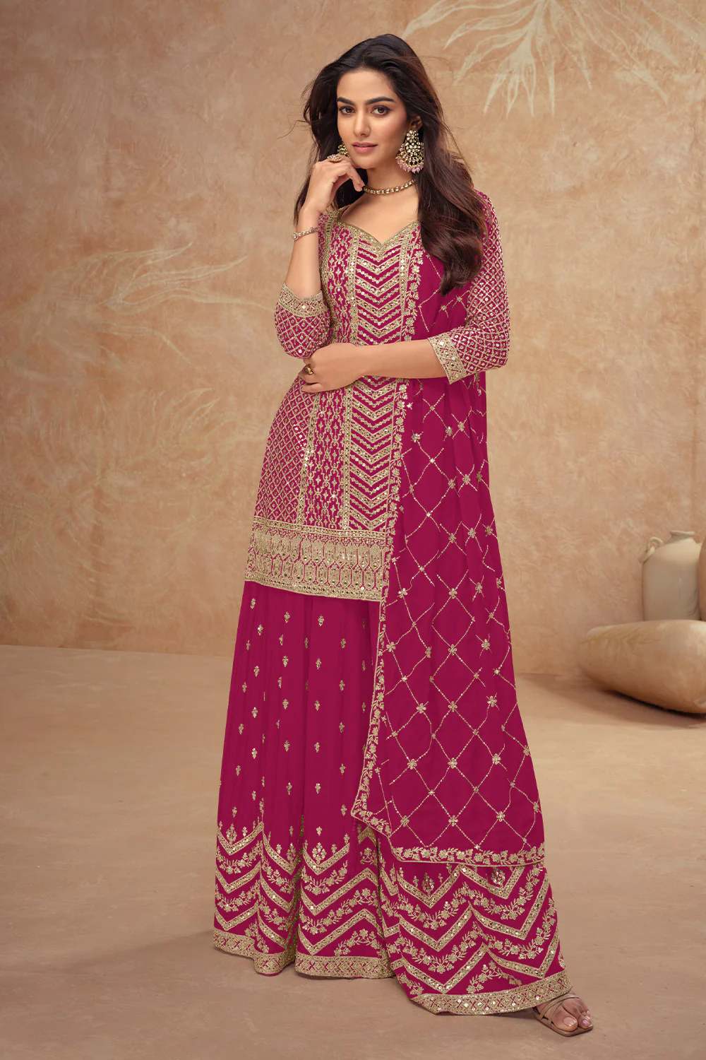 Crepe Silk Zari & Sequins Embroidered Suit With Embroidered Sharara - Image 4