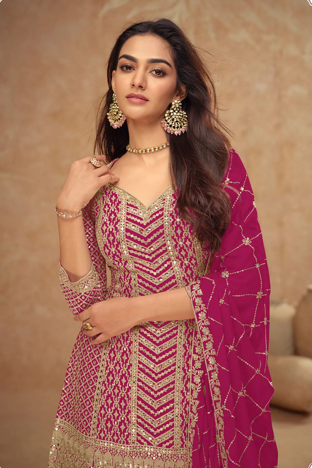 Crepe Silk Zari & Sequins Embroidered Suit With Embroidered Sharara - Image 5