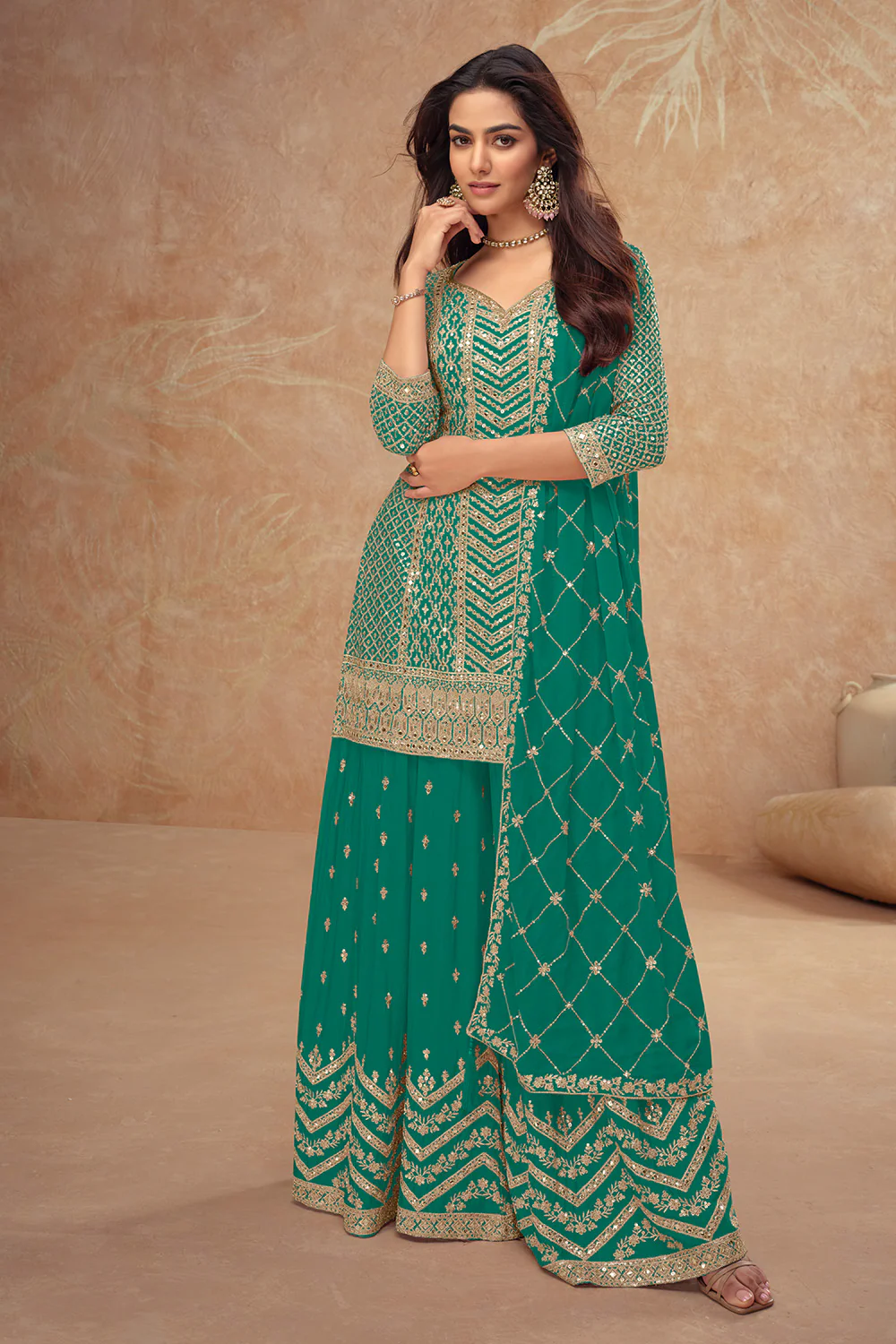 Crepe Silk Zari & Sequins Embroidered Suit With Embroidered Sharara - Image 7