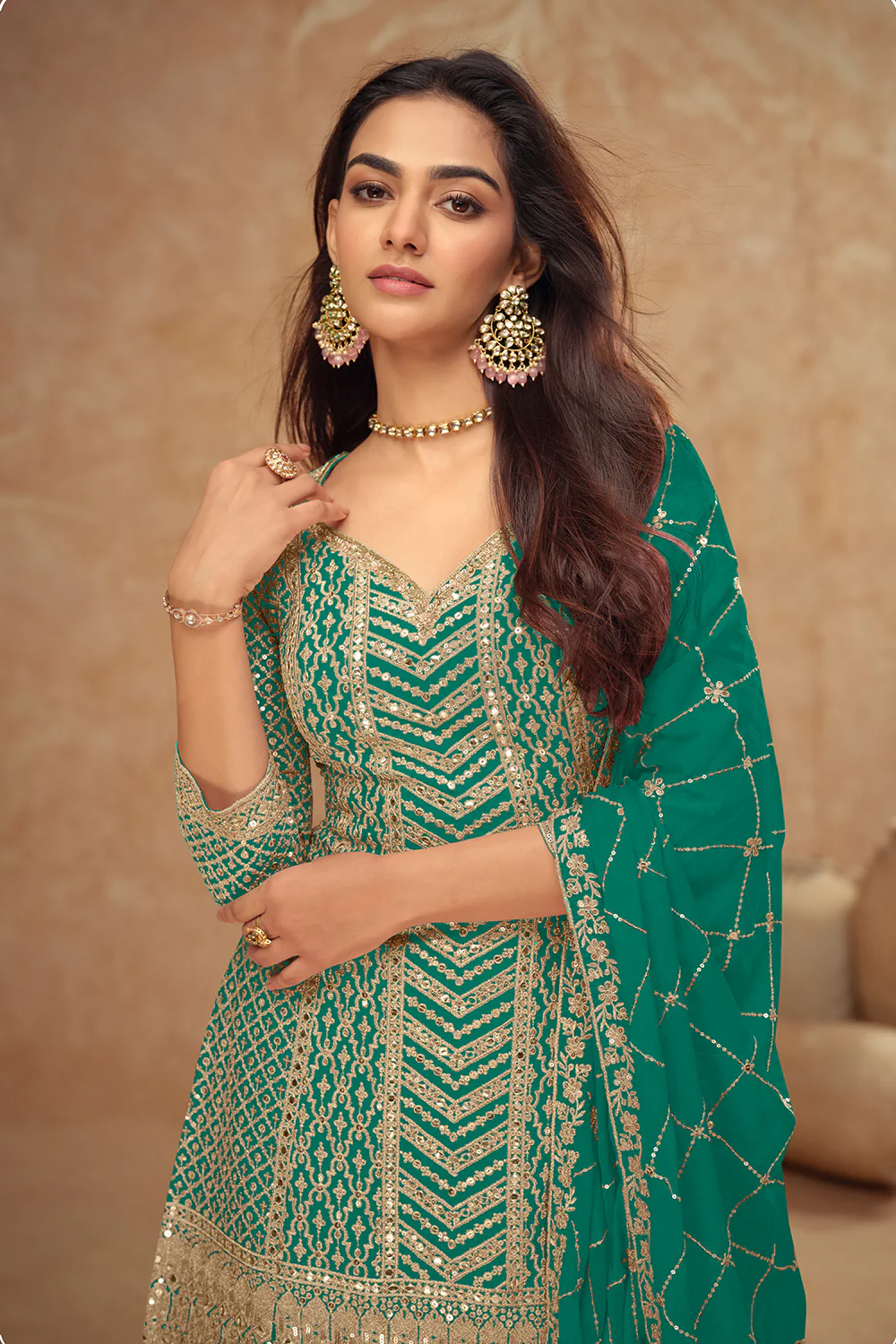 Crepe Silk Zari & Sequins Embroidered Suit With Embroidered Sharara - Image 8