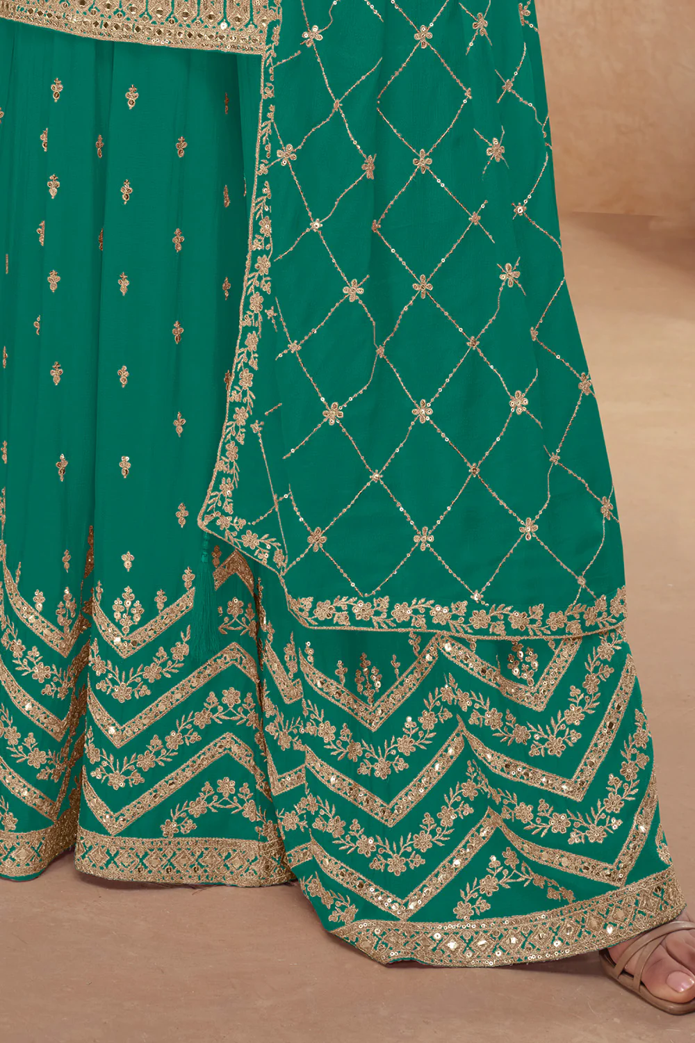 Crepe Silk Zari & Sequins Embroidered Suit With Embroidered Sharara - Image 9