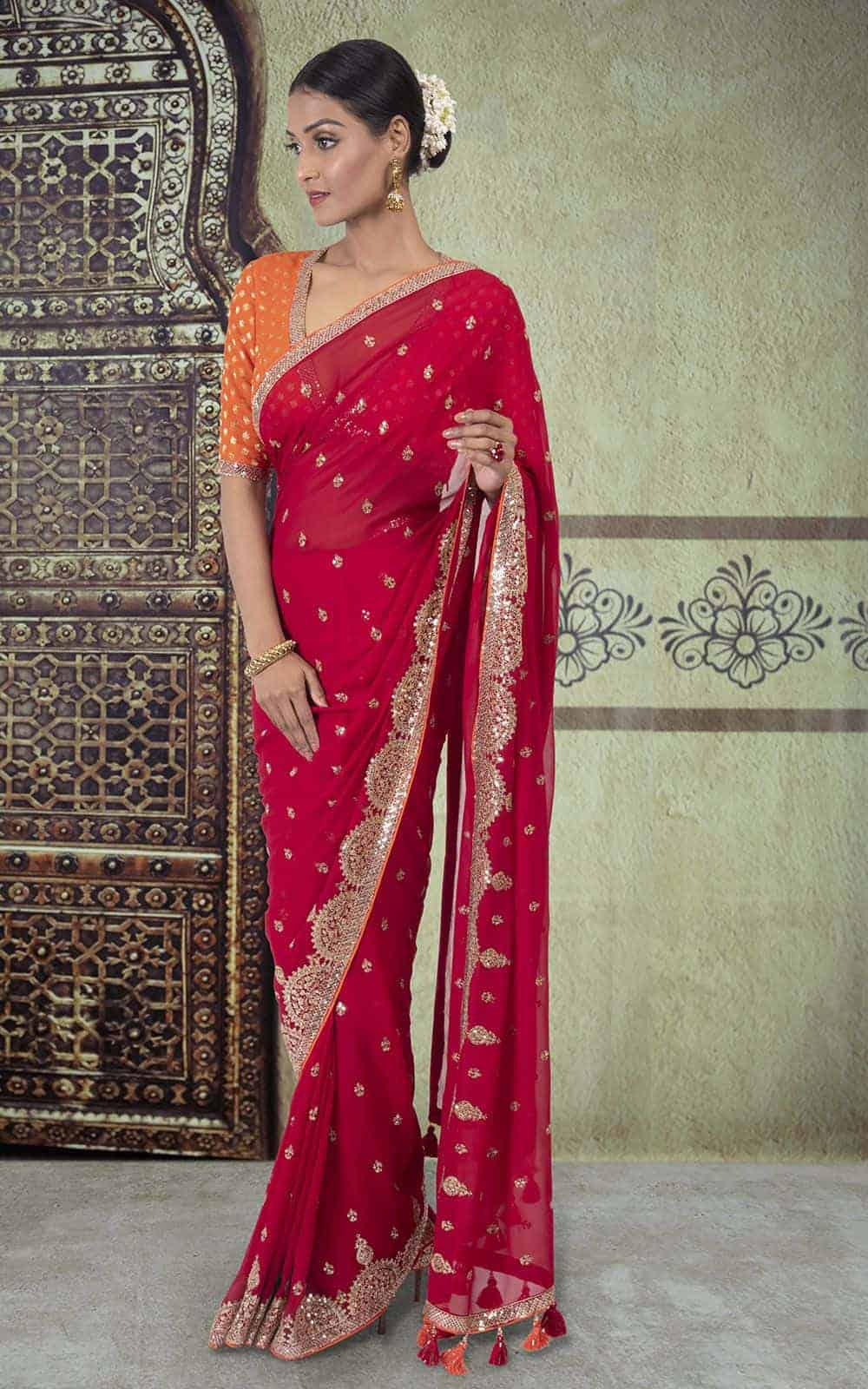 Crimson Red Georgette Saree with sequins and zari work. - Image 2