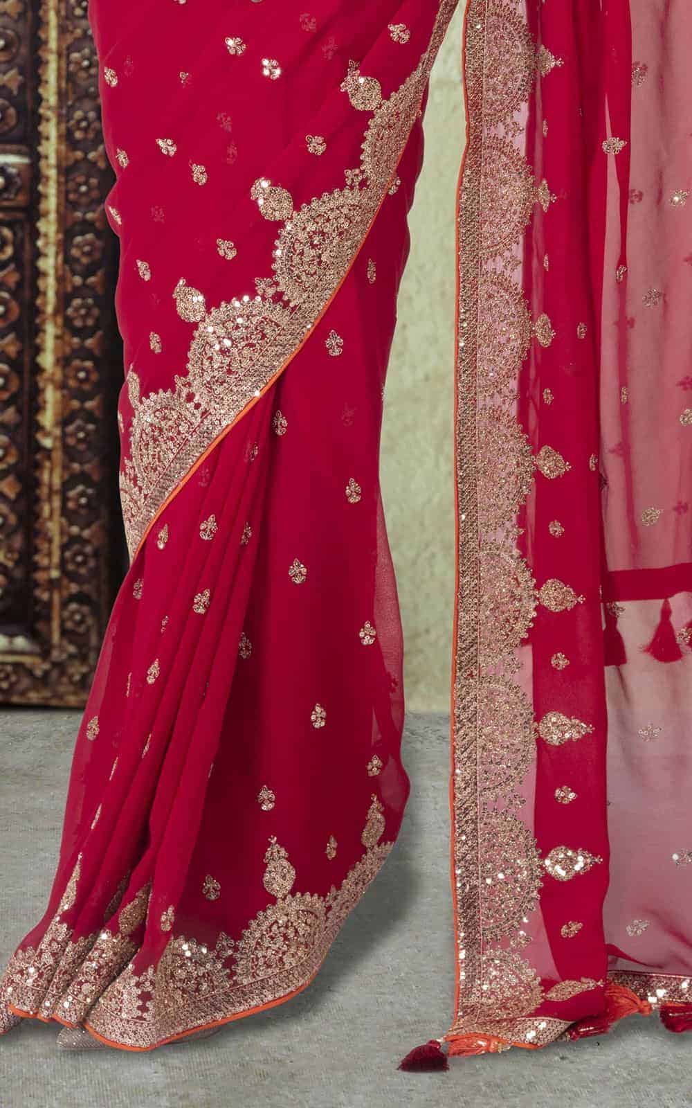 Crimson Red Georgette Saree with sequins and zari work. - Image 4