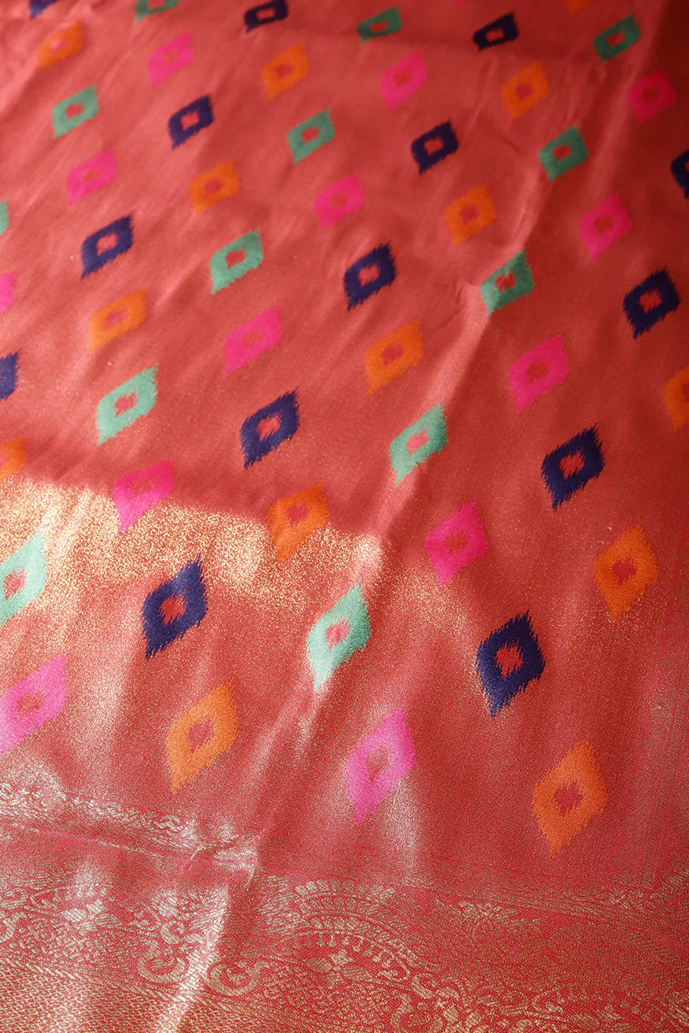 Dark Coral Color Silk Resham and Zari Woven Saree - Image 2