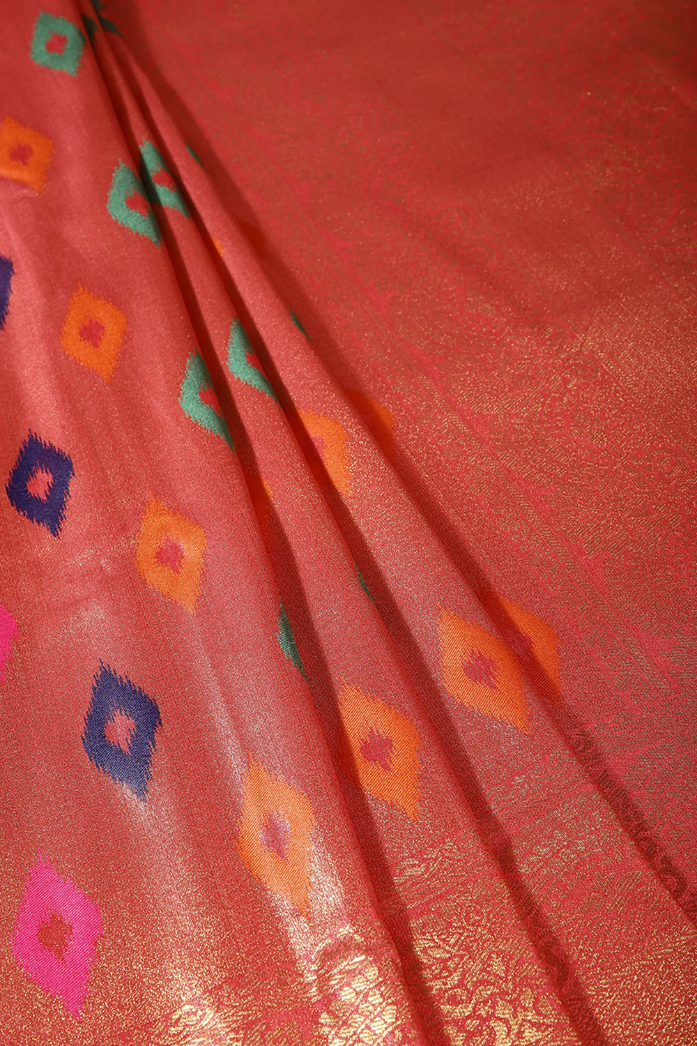 Dark Coral Color Silk Resham and Zari Woven Saree - Image 3