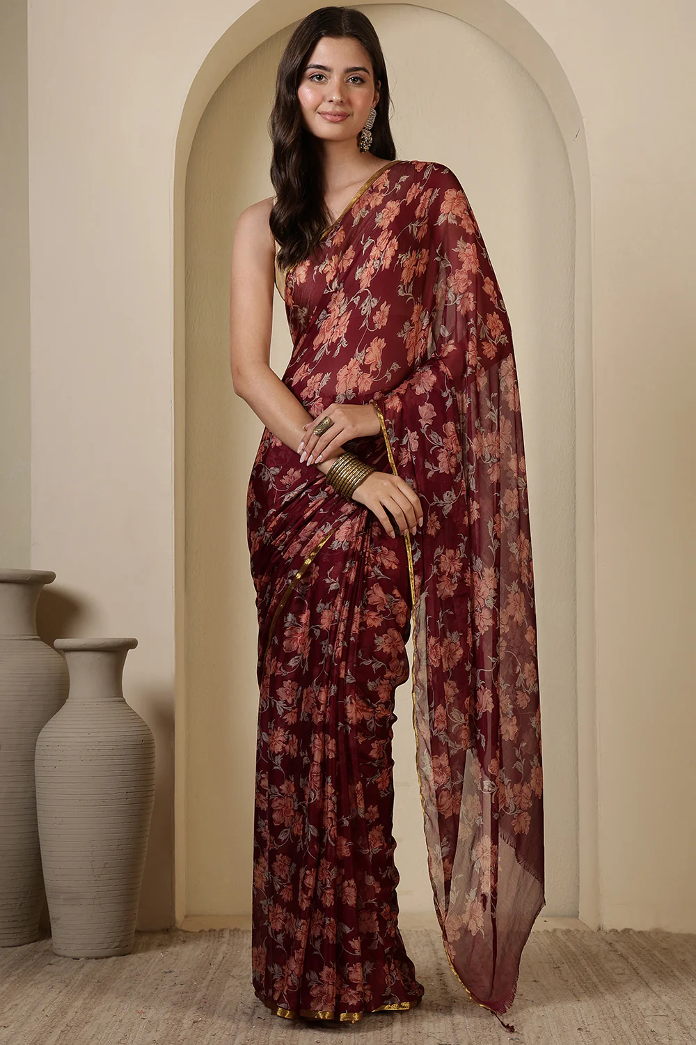 Dark Scarlet Chiffon Floral Zari Border & Floral Printed Saree - Image 2